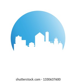 city skyline in blue circle background