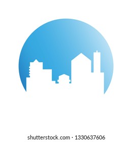 city skyline in blue circle background