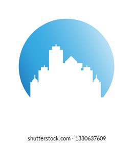 city skyline in blue circle background