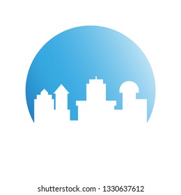 city skyline in blue circle background