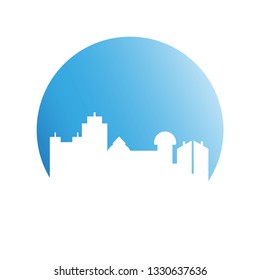 city skyline in blue circle background