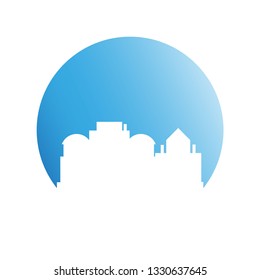 city skyline in blue circle background