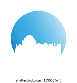 city skyline in blue circle background