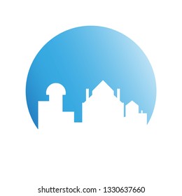 city skyline in blue circle background