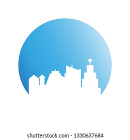 city skyline in blue circle background
