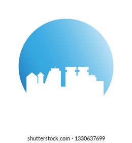 city skyline in blue circle background