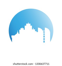city skyline in blue circle background