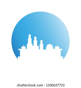 city skyline in blue circle background