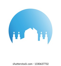 city skyline in blue circle background