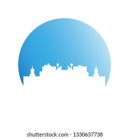 city skyline in blue circle background