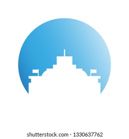 city skyline in blue circle background