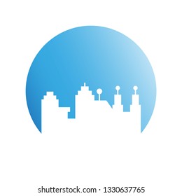 city skyline in blue circle background