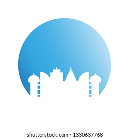 city skyline in blue circle background