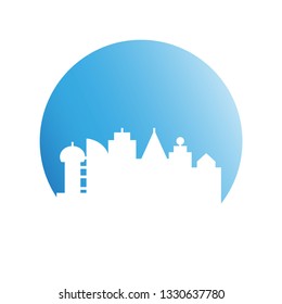 city skyline in blue circle background