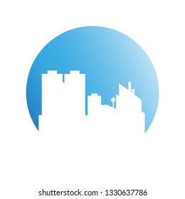 city skyline in blue circle background