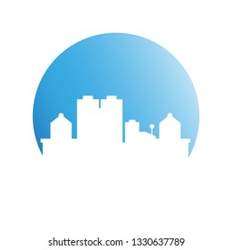 city skyline in blue circle background