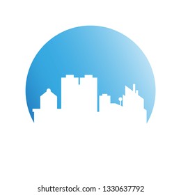 city skyline in blue circle background