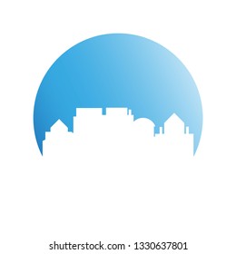 city skyline in blue circle background