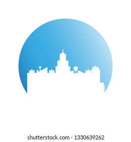 city skyline in blue circle background