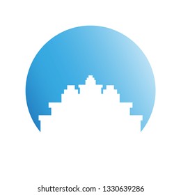 city skyline in blue circle background