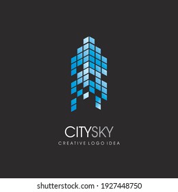 City skyline blue commercial building logo design idea. Real estate business symbol. Skyscraper made from dots  vector icon.