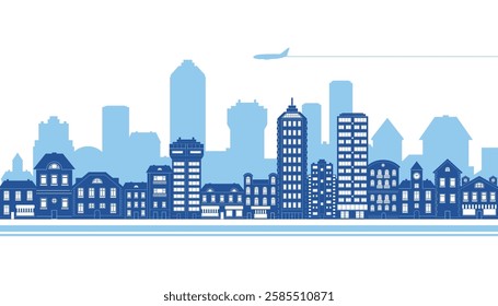 City skyline blue. Vector illustration in silhouette. City. Urban skyline. Cityscape. Building material set. Landscape view. Day night city. panorama with blue.