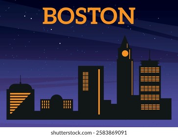 City skyline of Boston featuring iconic buildings and windmill against a night sky