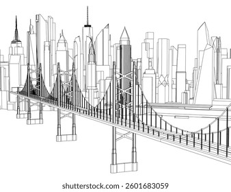 A city skyline with a bridge in the middle. The bridge is a suspension bridge with a large arch. The city is full of tall buildings and the bridge is the main focus of the image