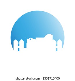 city skyline, building in blue circle shape