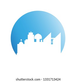 city skyline, building in blue circle shape