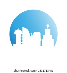 city skyline, building in blue circle shape