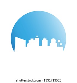 city skyline, building in blue circle shape