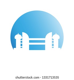 city skyline, building in blue circle shape