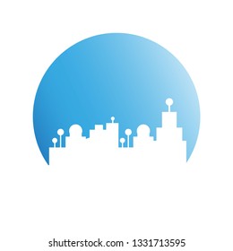 city skyline, building in blue circle shape