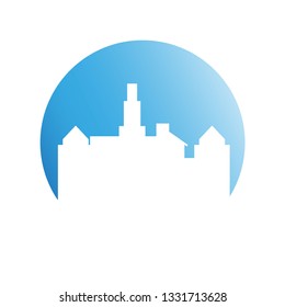 city skyline, building in blue circle shape