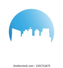 city skyline, building in blue circle shape