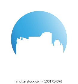 city skyline, building in blue circle shape