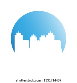 city skyline, building in blue circle shape