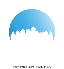 city skyline, building in blue circle shape
