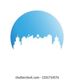 city skyline, building in blue circle shape