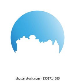 city skyline, building in blue circle shape