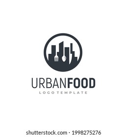 City Skyline Building Silhouette with Fork Spoon Knife Cutlery for Urban Dish Food Cuisine Restaurant logo design