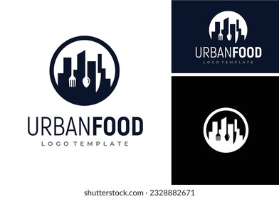 City Skyline Building Silhouette with Fork Spoon Knife Cutlery for Urban Dish Food Cuisine Restaurant logo design