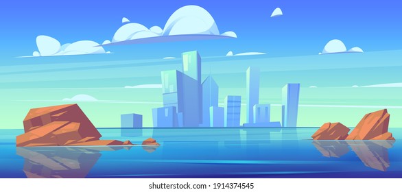 City skyline with buildings silhouettes and reflection in water of river or lake. Vector cartoon landscape of sea, island with town skyscrapers on horizon and stones in water