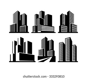 City skyline and Buildings vector black icons isolated on white 