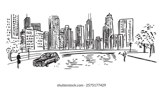 city skyline with car and river in black and white line drawing