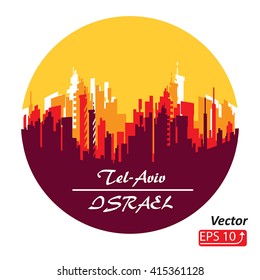 City Skyline circle silhouette Tel Aviv Israel yellow red orange isolated on white background logo vector illustration