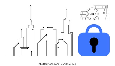 City skyline with circuit design, stack of tokens labelled TOKEN, and blue padlock. Ideal for blockchain, cryptocurrency, digital security, fintech, and technology themes. Minimalistic, modern, clean