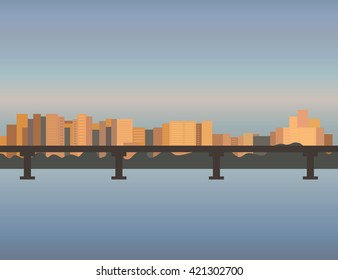 City Skyline cityscape, bridge building sunset river vector illustration