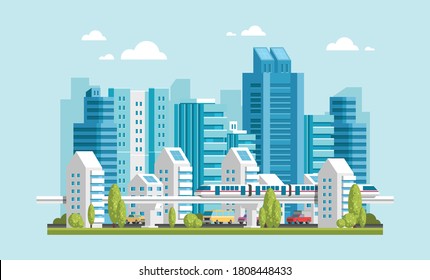 City Skyline / Cityscape Mono Rail Flat Design, City Building illustration for info graphic
